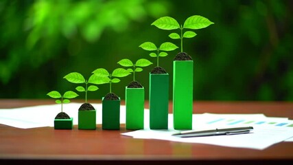 Poster - Green Growth Chart Showing Saplings on Top with Spread Sheet and Pen On Brown Table Against Light Green Bokeh Backdrop