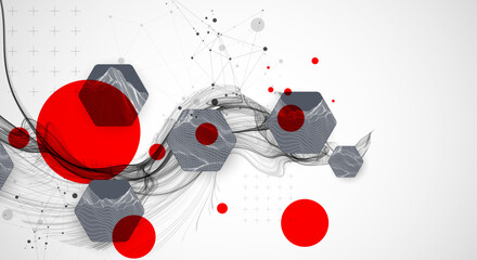 Poster - Scientific and technological background. Wave with wireframe  hexagons of different types on a gray gradient.