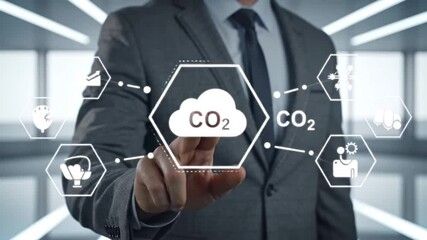 Poster - Man Touching Cloud Icon Displayed on Virtual Interface Wearing a Formal Gray Suit in Modern Office