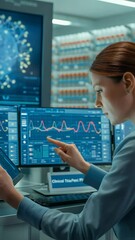 Poster - Scientist Analyzing Data: A focused female scientist meticulously analyzes data on multiple computer screens, showcasing dedication and technological advancements in scientific research.