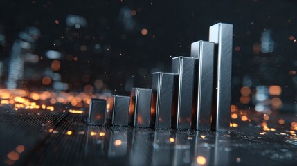 Poster - A set of metallic D bars in a financial chart rising steadily in height, with a dark, futuristic background and glowing digital data points floating around
