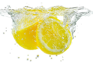 Wall Mural - Two lemon halves splashing into water isolated on white background