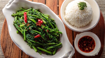 Poster - A steaming hot dish of Thai-style morning glory stir-fry, served with jasmine rice and a side of chili fish sauce.