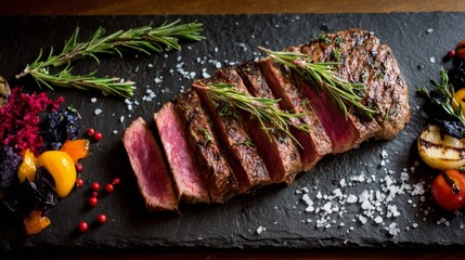 Poster - A sliced steak with a juicy pink center, neatly arranged on a dark slate plate with rosemary and grilled vegetables placed decoratively around it