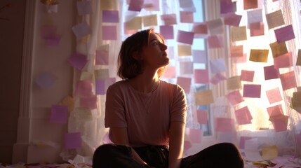 Poster - Young woman sits contemplatively in a sunlit room filled with colorful sticky notes during late afternoon
