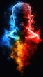 © Iswanto - Man with blue, red, yellow colors splitting down the middle against a dark background