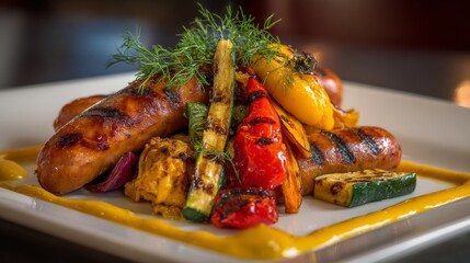Poster - A vibrant plate of assorted sausages, including bratwurst and chorizo, arranged with colorful grilled vegetables and a drizzle of mustard, highlighting a hearty meal