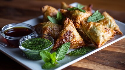 Poster - A vibrant plate of vegetable samosas, golden brown and crispy, arranged with a side of mint chutney and tangy tamarind sauce, highlighting popular Indian appetizers