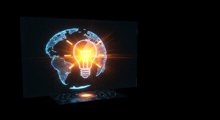Poster - Glowing digital light bulb on global map symbolizing innovation and creative ideas. Technology and globalization concept for presentation.
