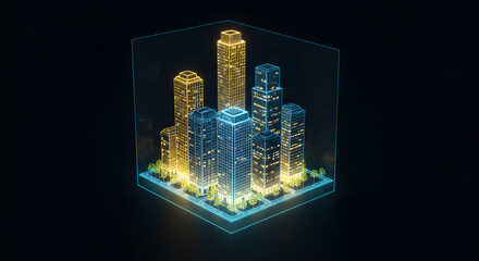 Poster - Digital representation of a futuristic city with glowing buildings inside a virtual box. Smart urban innovation.