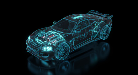 Poster - Blue glowing hologram blueprint of a car. Digital wireframe auto with engine display. Modern vehicle design technology