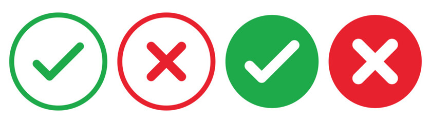 Poster - Check mark icon button set. Check box icon with right and wrong buttons and yes or no checkmark icons in green tick box and red cross. Isolated checkmark symbol, right and wrong sign concept. Icon.