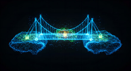 Poster - Digital bridge connects two wireframe brains with padlocks. Secure network connection and data privacy in artificial intelligence.