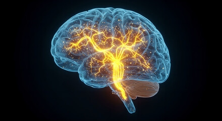 Poster - Digital human brain 3d model rendering illustration with neuron activity. Concept of intelligence, mind and mental process.