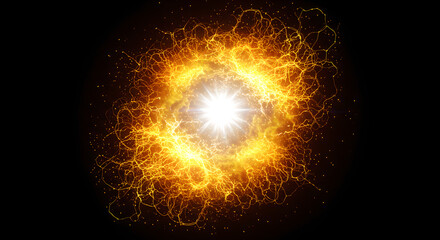 Poster - Bright shining energy explosion with dynamic golden particles and flowing lines on black background for power concept