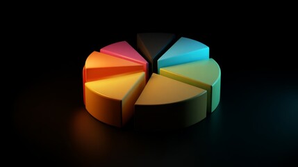 Poster - Dynamic D pie chart with bright, colorful slices, each part raised slightly, with soft lighting to highlight its shape on a dark background