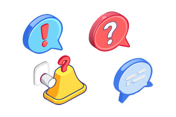Poster - Set of isometric icons representing questions alerts and notifications with speech bubbles and a bell