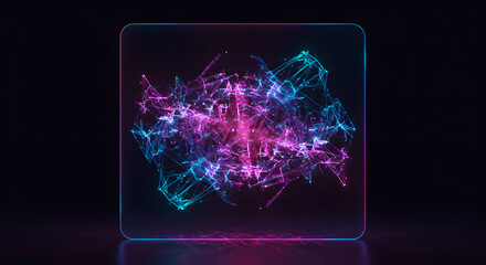 Poster - Abstract digital network inside a glowing translucent cube, representing data transfer and connected technology for science.