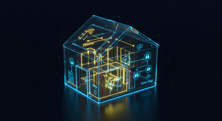 Poster - Transparent digital house with glowing connections and smart home icons. Internet of things and home automation technology concept.