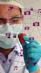 Poster - Animation of globe with network of connections over female doctor in face mask