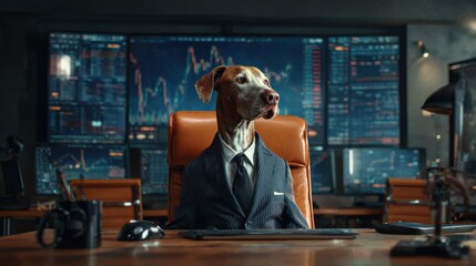 Aufkleber - In a chic office setting, a large virtual screen displays live stock market movements with graphics. In front of the desk, a female dog in a suit is focused on the screen with a serious expression. 