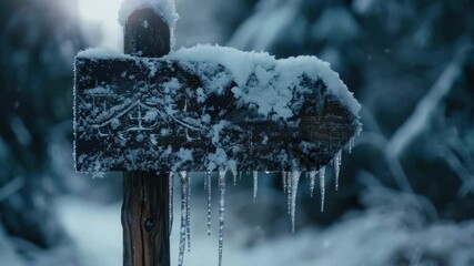 Aufkleber - A wooden sign covered in icicles, perfect for winter scenes or decorative purposes