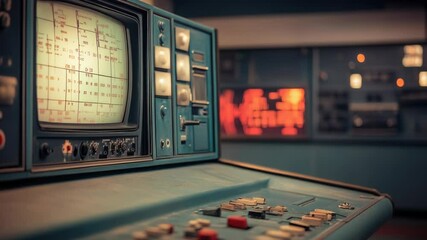Poster - A close-up shot of a control panel with a TV in the background, suitable for use in technology and media-related contexts