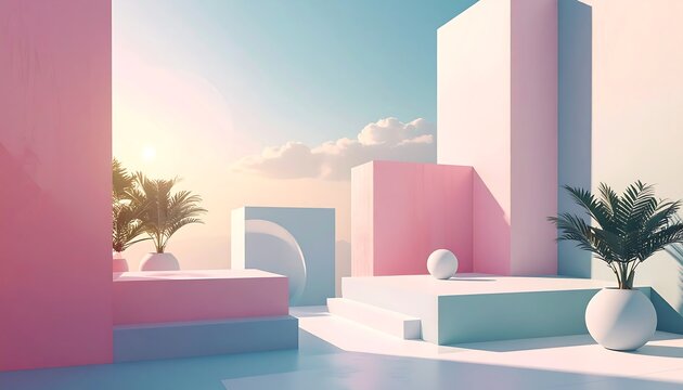Abstract Geometric Stage with Plants and Sky Background