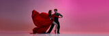 Elegant tango dancers hold a dramatic pose, featuring a vibrant red flowing dress, set against a vividly colorful gradient backdrop. A depiction of passion and fluidity in dance photography. Banner