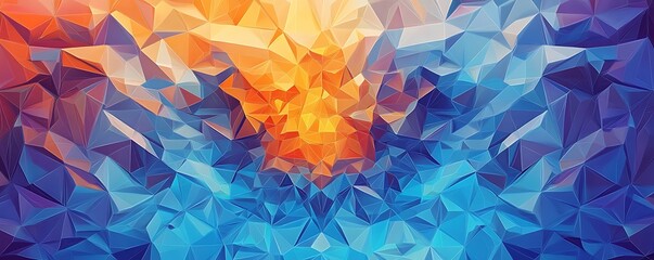 Poster - The image displays a mesmerizing pattern formed by abstract polygons in shades of blue, orange, and purple. Abstract colorful low-poly background.