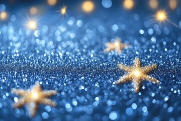 Abstract blue glitter background with golden bokeh lights and star shapes scattered across