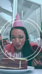 Poster - Animation of scope scanning over diverse business people at birthday party in office