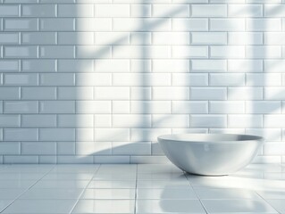 Poster - Tiled backdrop, white bowl. Light, clean interior scene