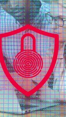 Poster - Animation of padlock icon and data processing over caucasian woman using laptop