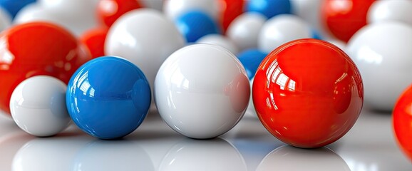 Wall Mural - Shiny spheres in red, white, and blue are scattered and reflected in a crisp, clean presentation