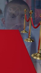 Poster - Animation of red carpet and data processing over businessman in office and electricity pylons