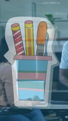 Poster - Animation of pen holder icon over african american male and female colleagues discussing at office
