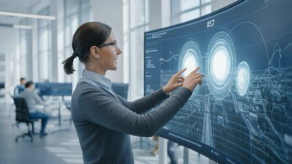 Poster - Woman Using Interactive Display: A businesswoman interacts with a large, curved interactive display, analyzing data visualizations.  The scene is set in a modern, technology-focused workspace.
