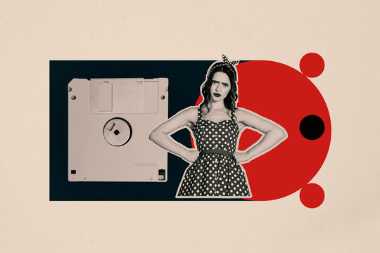 Collage trend artwork composite sketch poster of pinup style young lady stand wear dress headband confused face diskette technology device