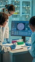 Poster - Scientific Discovery: A group of dedicated researchers huddled around a monitor within a modern laboratory, meticulously examining data and collaborating on a groundbreaking scientific exploration.