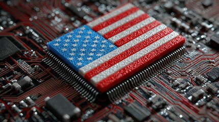 Poster - A close-up of a microchip on a circuit board featuring the textured American flag design, symbolizing US technology and innovation.
