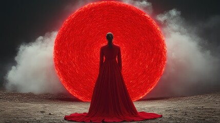 Wall Mural - woman in red dress stands before an enormous red orb on cracked ground with surrounding smoke