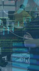Poster - Animation of data processing against caucasian woman with arms crossed standing at office