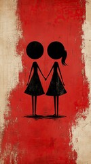 Sticker - two figures holding hands on a red background. simple black drawing