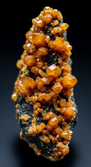 Aufkleber - Close-up of amber crystals clustered on dark rock, showcasing intricate geometric shapes and vibrant color, representing nature's beauty and geological formations