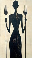 Sticker - Dark silhouette of figure holding large forks, textured white background, kitchen aesthetic