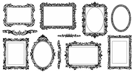 Poster - Antique frames and decorative elements in black and white showcase vintage style and ornamental designs for invitations and scrapbooks, silhouette