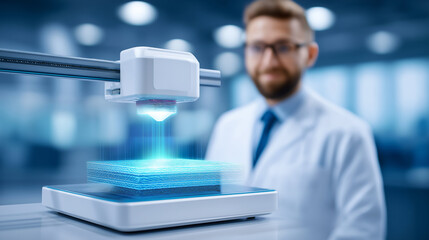 Poster - Scientist operates sophisticated 3D printer to create precise models in a modern laboratory. High-tech setting with focused atmosphere. Concept of engineering, technology, innovation