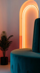 Aufkleber - Teal velvet curved seat with plant, illuminated by warm-toned arch, creating a modern, minimalist, and inviting atmosphereShowcase ideal for design, interior, or branding concepts