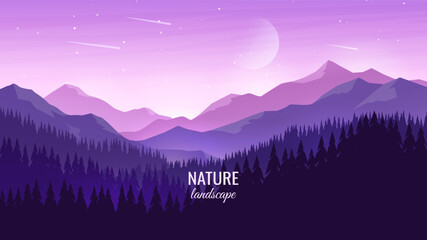 Wall Mural - Night landscape. Mountain ranges and hills with forest on a background of colorful sky. Evening twilight. Concept of tourism, hiking, walking. Vector image.